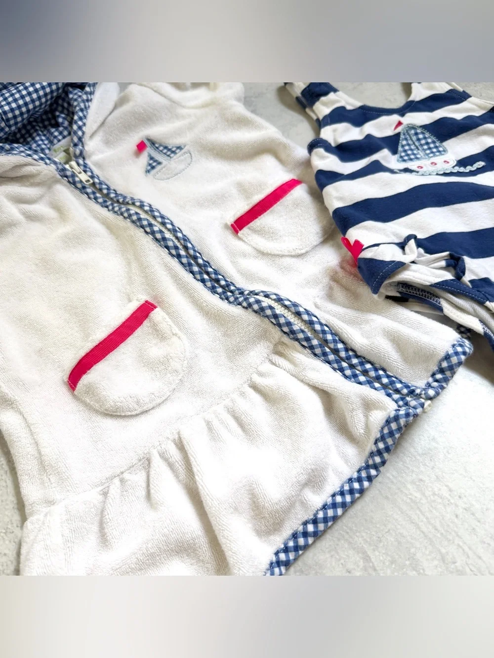 18M⚓️ Le Top Nautical Gingham Sailboat Stripe Swimsuit & Matching Terry Coverup